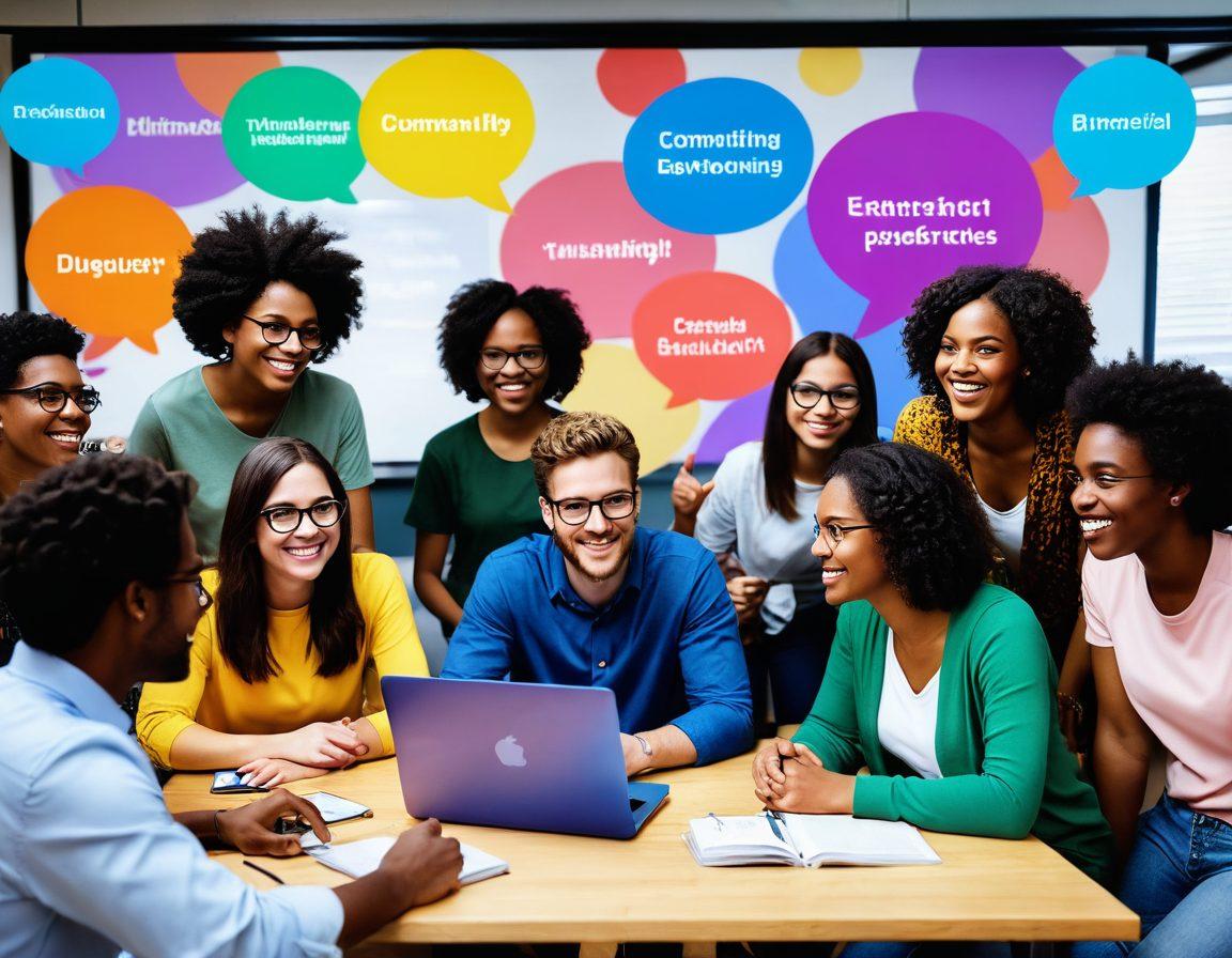 A lively online classroom setting with diverse students engaged in discussions, surrounded by digital learning tools and resources. Illustrate a sense of community with virtual connections, like chat bubbles and networking links, and include vibrant colors to convey energy and enthusiasm. Emphasize inclusivity and collaboration, highlighting both local and international participants. super-realistic. vibrant colors. 3D.