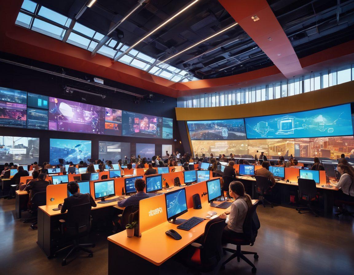 A vibrant and dynamic scene depicting students actively engaged in technology-based learning environments at the University of Technology Sydney. Include futuristic classrooms with advanced screens, diverse students collaborating on projects, and a backdrop of the iconic university architecture. Emphasize innovation and excitement in education. vibrant colors. super-realistic. bright atmosphere.