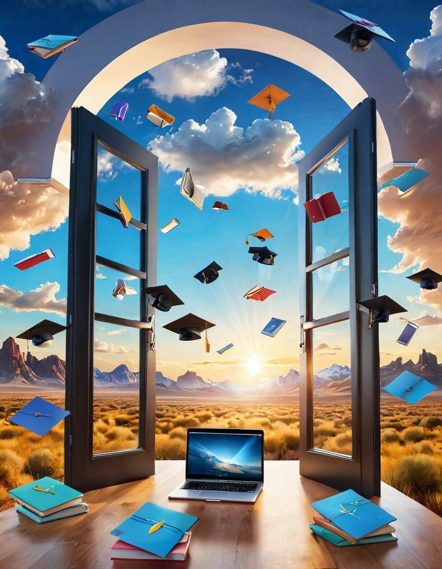 An open door leading to a bright, futuristic landscape symbolizing opportunities, with students engaging with digital devices and studying UTS Online Courses. Incorporate elements like books, laptops, and grad caps floating in the air symbolizing knowledge and growth, with a colorful sky and sunny atmosphere. super-realistic. vibrant colors. 3D.